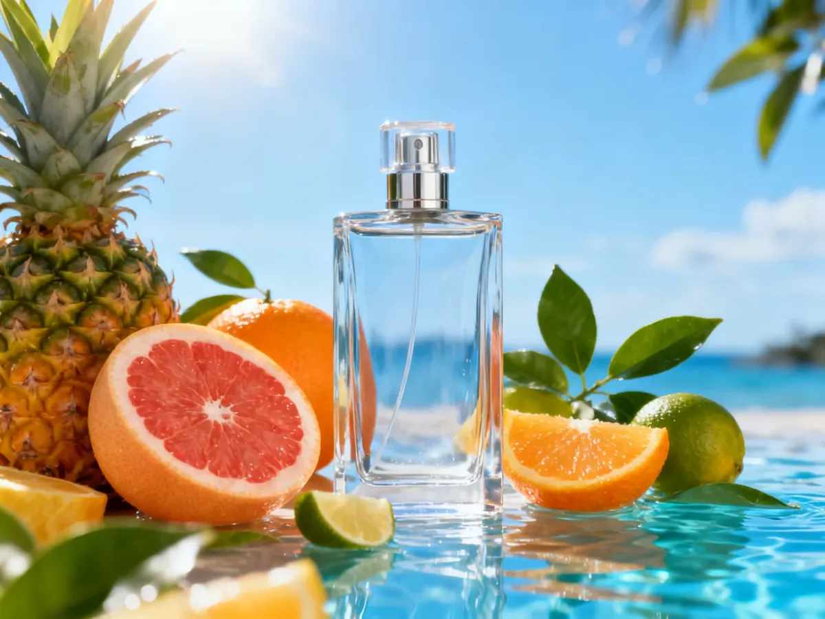 Świeży flakon perfum wśród cytrusów i tropikalnych owoców