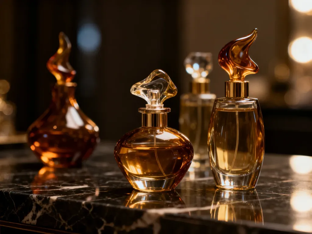 Eleganckie flakony niszowych perfum na marmurowym blacie w luksusowej, nastrojowej oprawie świetlnej.