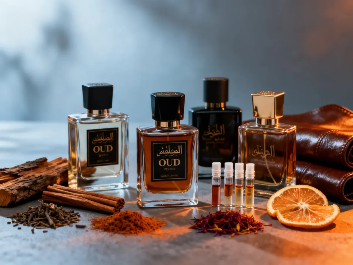 Arabskie flakony perfum i próbki zapachów o różnych profilach