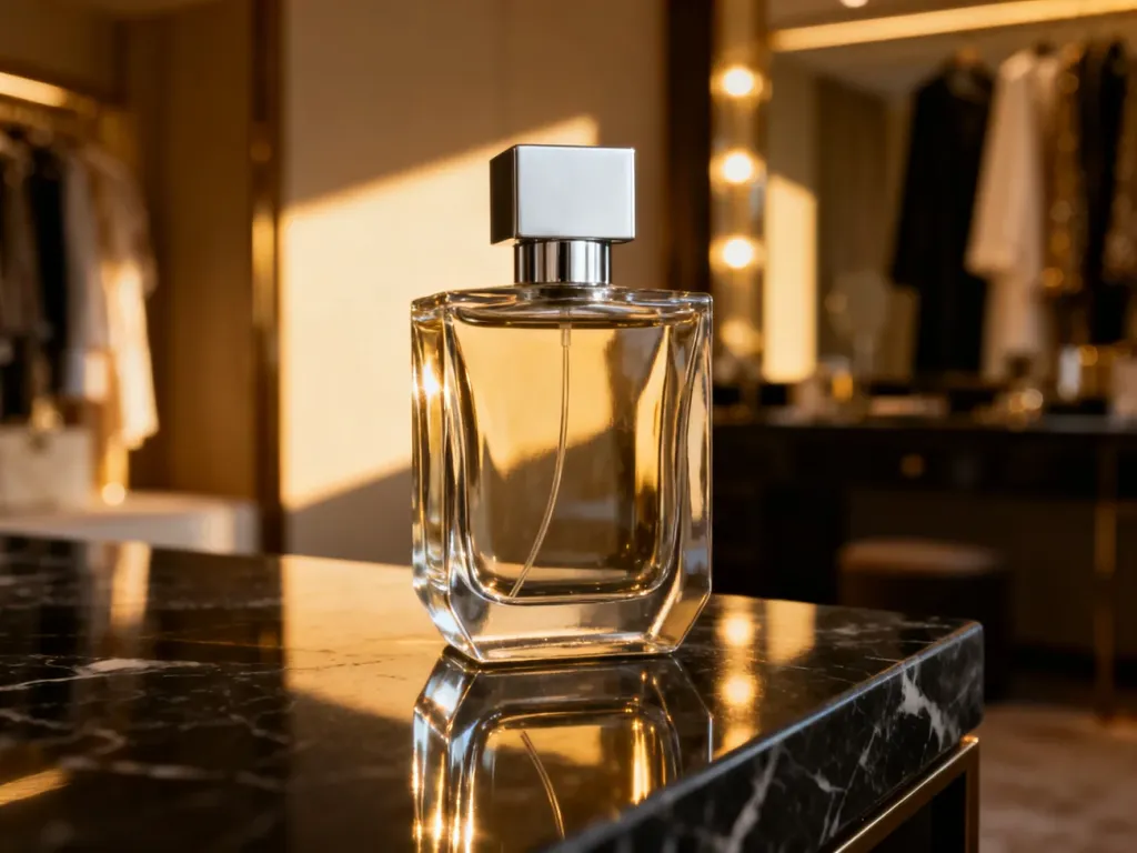 Elegancki flakon perfum Cartier na ciemnym marmurowym blacie w luksusowym wnętrzu.