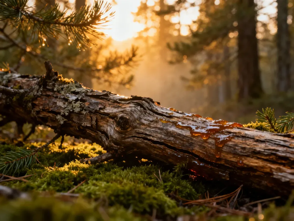 Gałąź cedru na mchu w leśnej scenerii, podkreślająca naturalne, drzewne nuty zapachowe perfum niszowych.