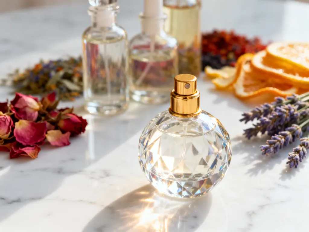 Szklane flakony perfum na marmurowym blacie w otoczeniu suszonych kwiatów i owoców, podkreślające naturalne składniki zapachów.