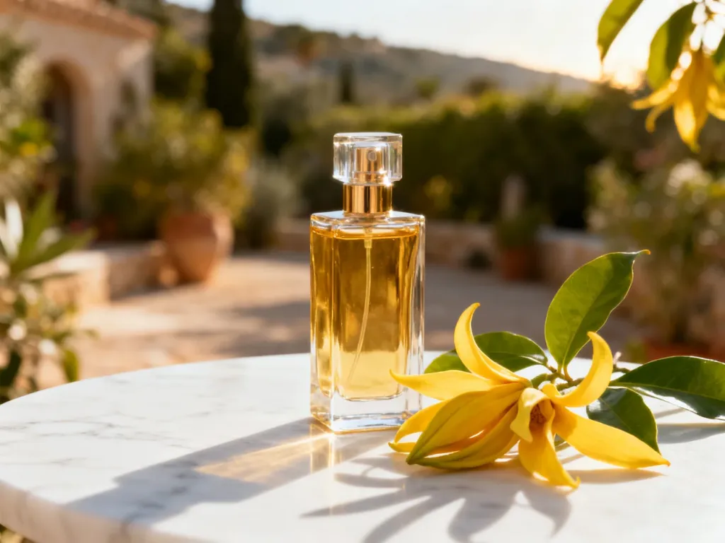 Elegancki flakon perfum z żółtymi kwiatami ylang-ylang na marmurowym blacie w słonecznej, śródziemnomorskiej scenerii.