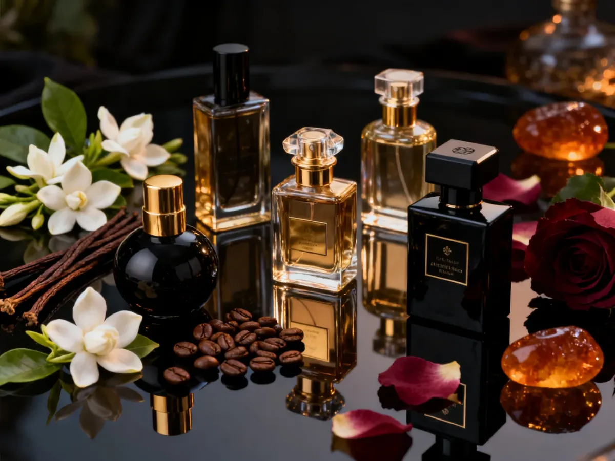 Eleganckie perfumy otoczone kwiatami, wanilią i kawą