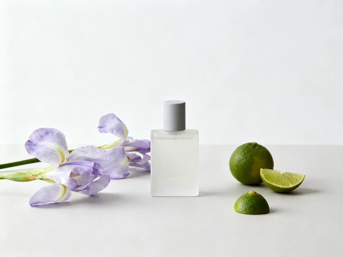 Minimalistyczny flakon perfum z irysami i cytrusowymi akcentami