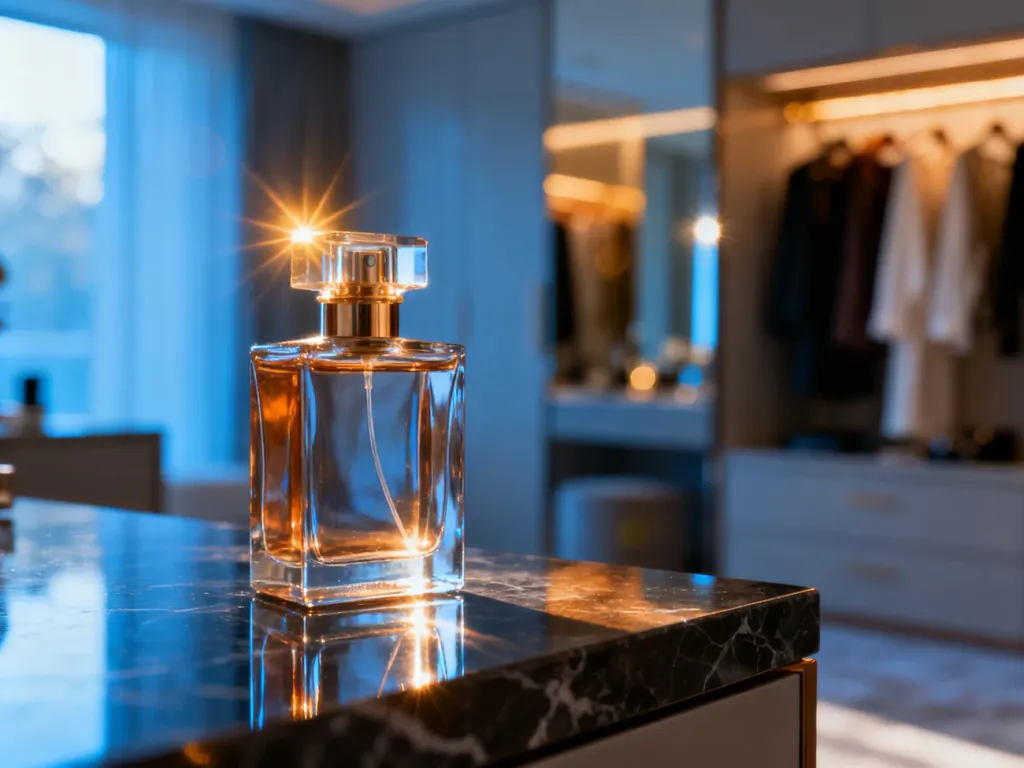 Elegancki flakon perfum na marmurowym blacie w nowoczesnej garderobie, podkreślający luksusowy charakter codziennego zapachu.
