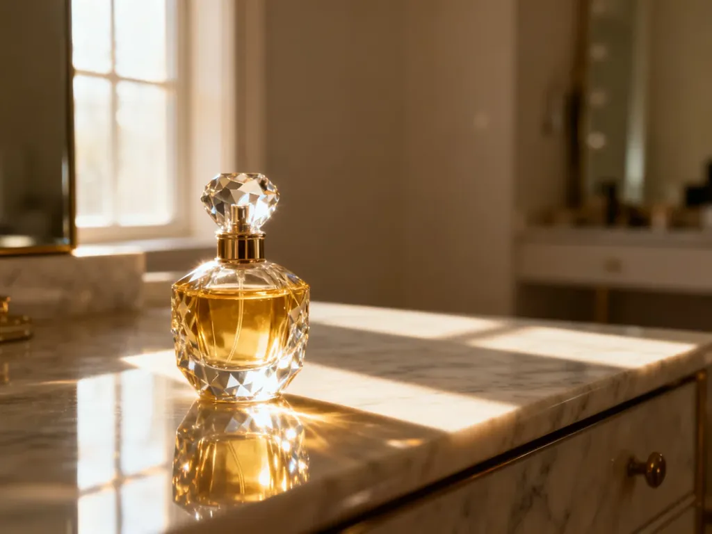 Elegancki flakon perfum ze złotym płynem na marmurowym blacie w promieniach porannego słońca.