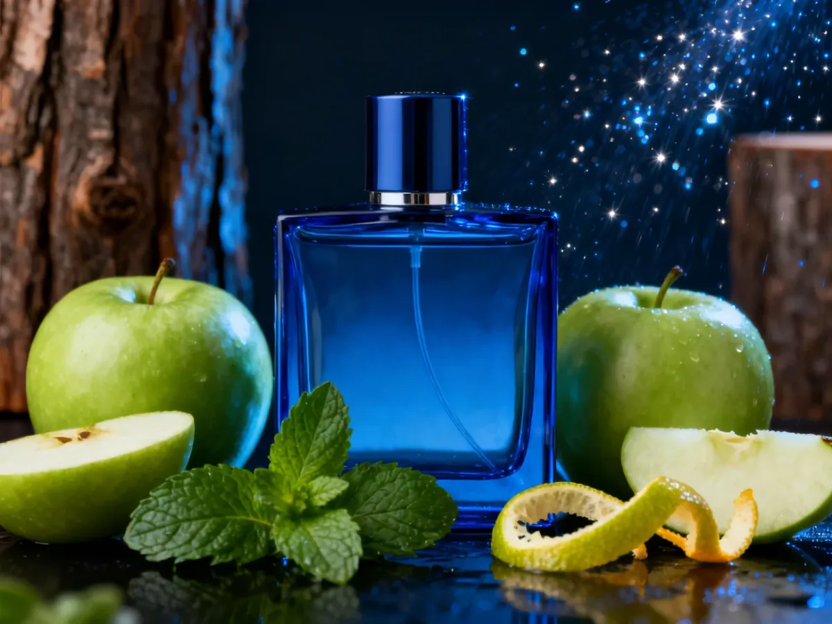 Niebieski flakon męskich perfum otoczony jabłkiem, cytrusami i miętą