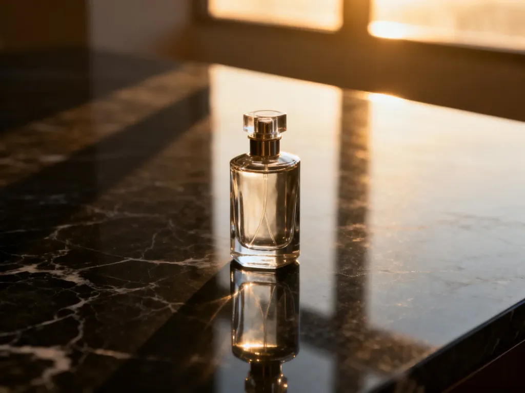 Elegancki flakon luksusowych perfum męskich na ciemnym marmurowym blacie w świetle zachodzącego słońca.