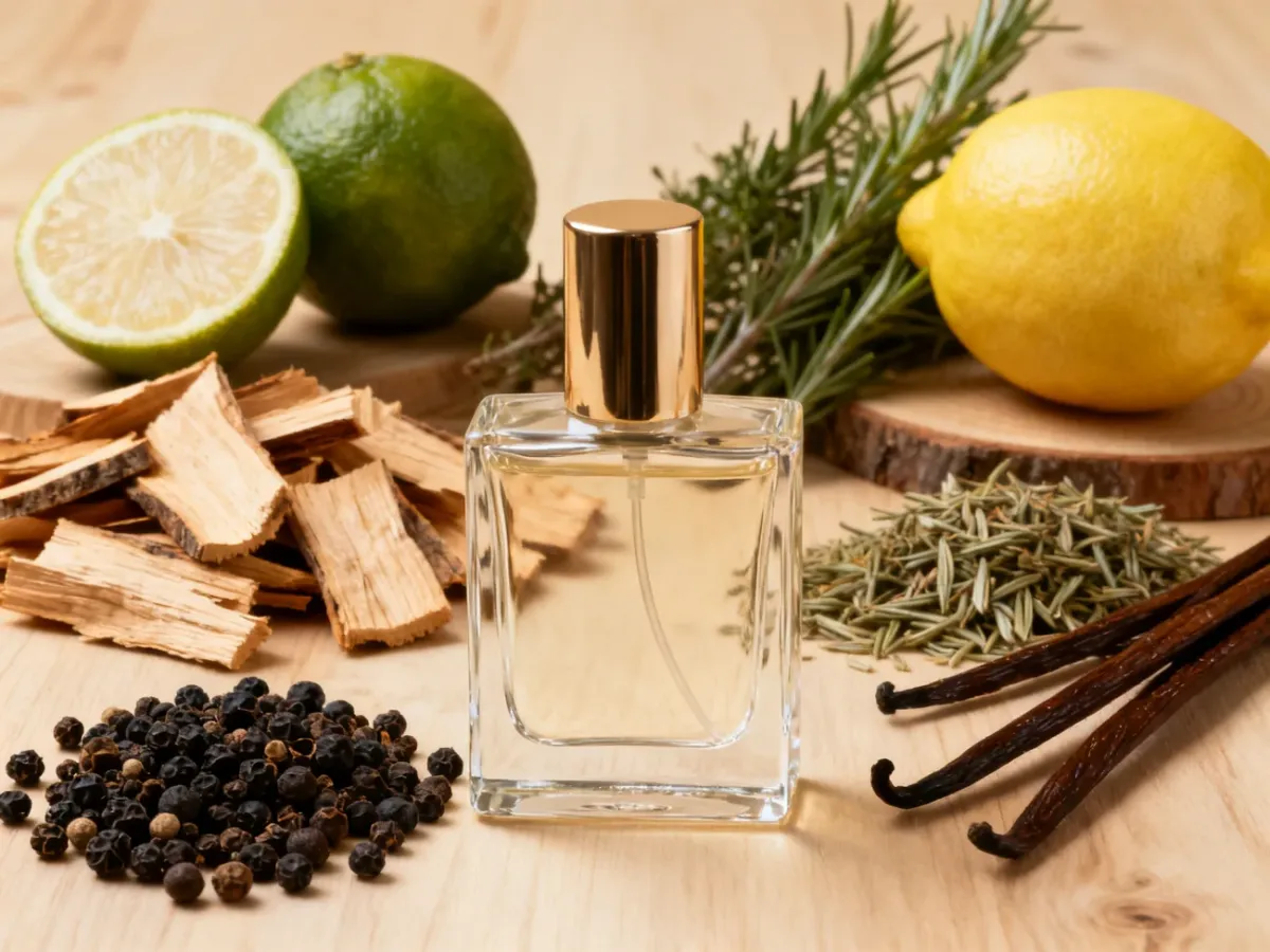 Sandałowiec i składniki męskich perfum ułożone obok eleganckiego flakonu