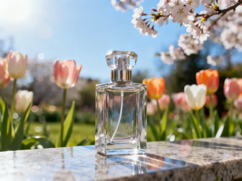 Elegancki flakon perfum na kamiennym blacie w otoczeniu wiosennych kwiatów, podkreślający świeżość zapachu na wiosnę.