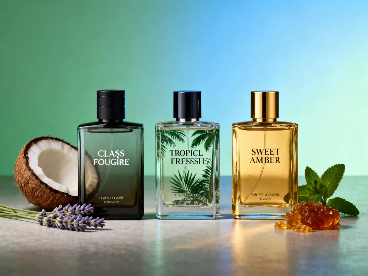Trzy różne profile zapachowe męskich perfum przedstawione w eleganckiej aranżacji
