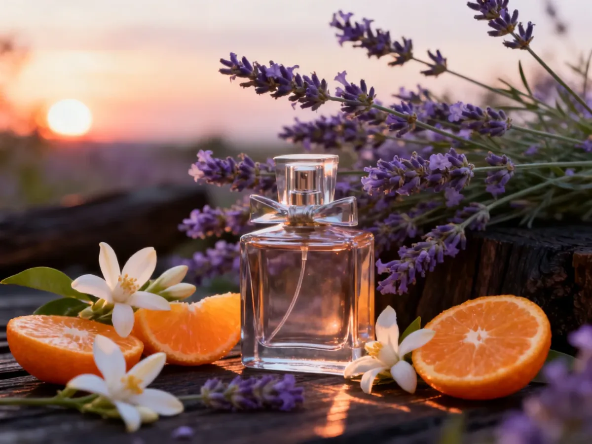 Perfumy w otoczeniu lawendy, kwiatu pomarańczy, mandarynek i wanilii podczas letniego wieczoru