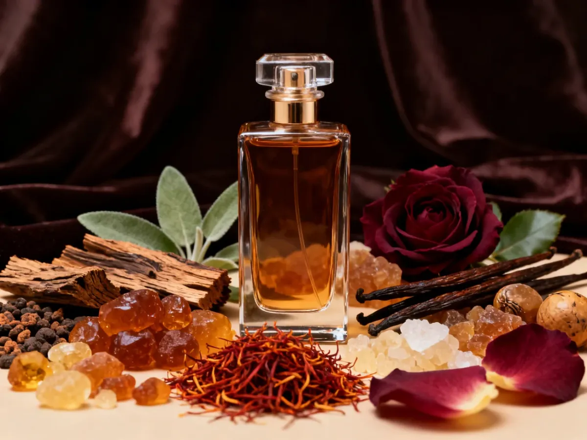 Flakon perfum otoczony oudem, ambrą, szafranem, wanilią i żywicami