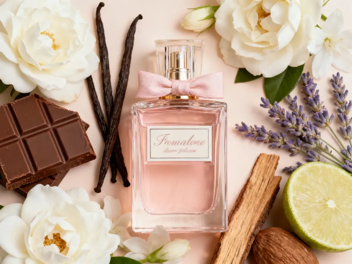 Elegancka butelka damskich perfum otoczona białymi kwiatami, wanilią i czekoladą