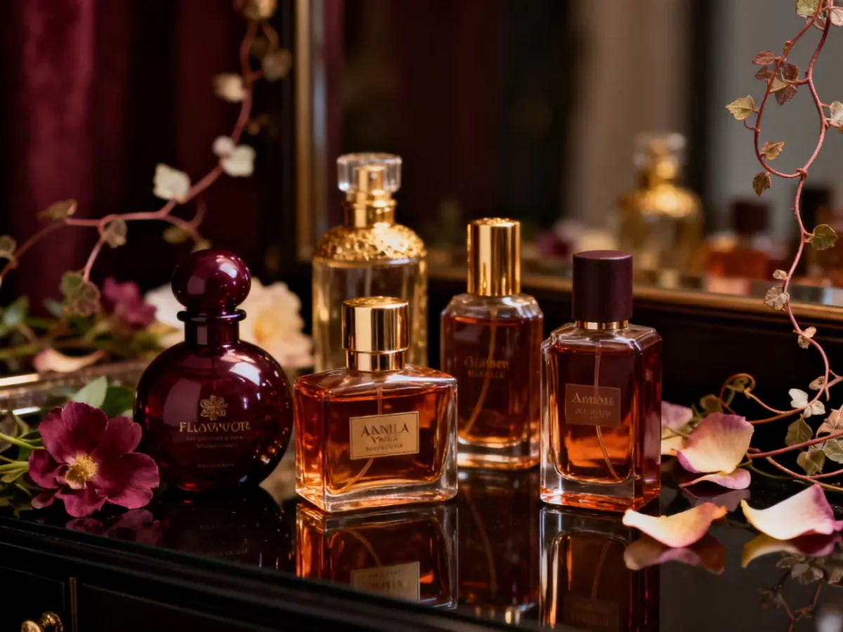 Elegancka kolekcja damskich perfum na ciemnej toaletce