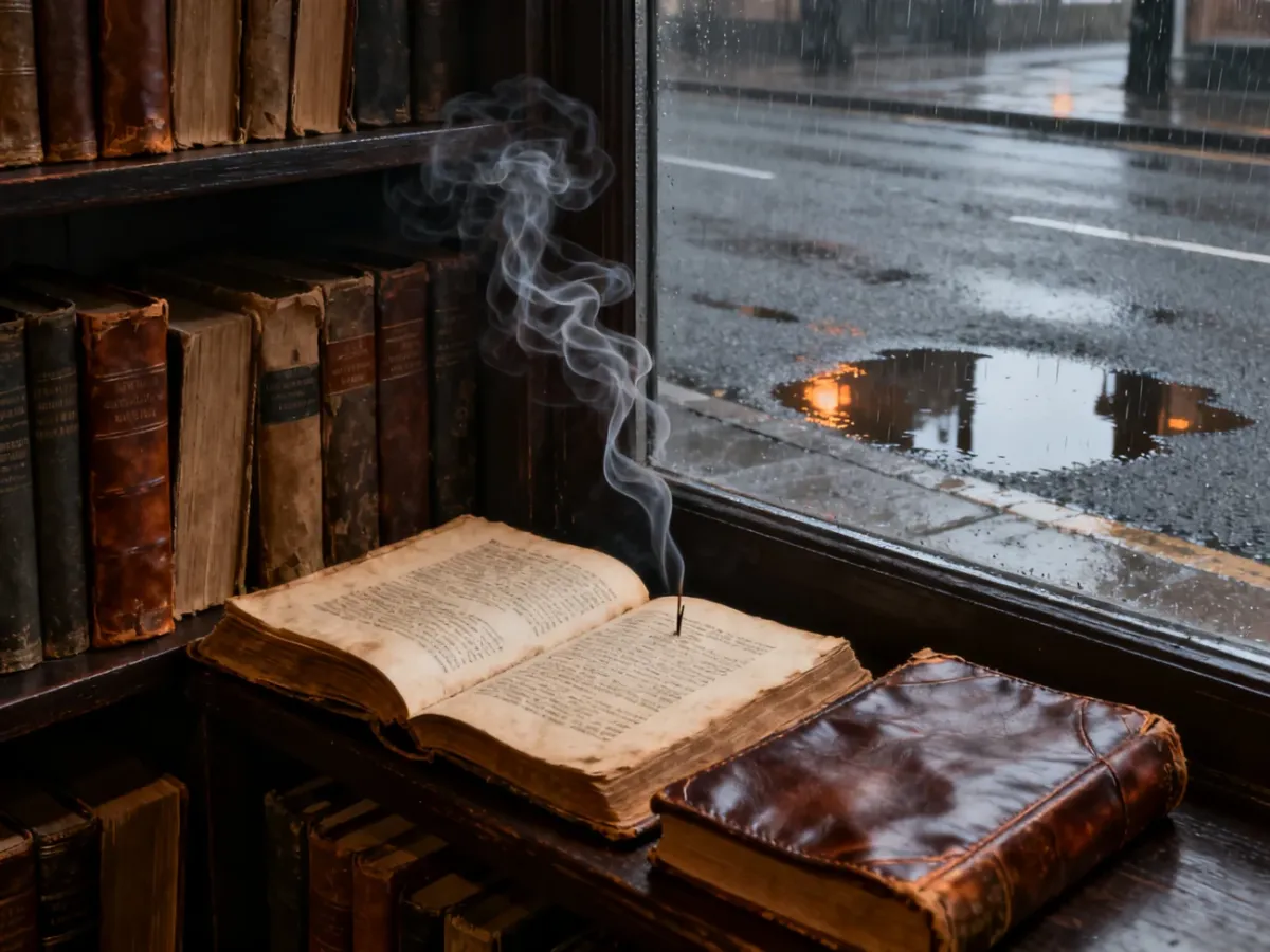 Konceptualna scena łącząca starą bibliotekę z mokrym asfaltem po deszczu