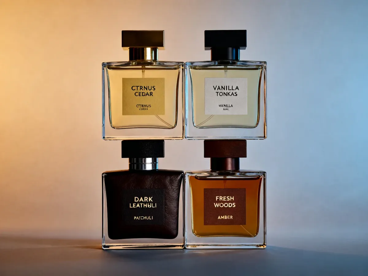 Różne style męskich perfum przedstawione za pomocą flakonów i składników zapachowych