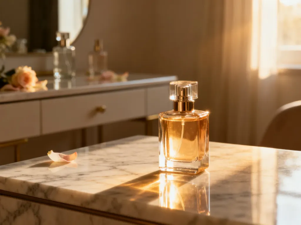 Elegancki flakon perfum na marmurowym blacie w promieniach słońca, podkreślający luksusowy charakter zapachu.