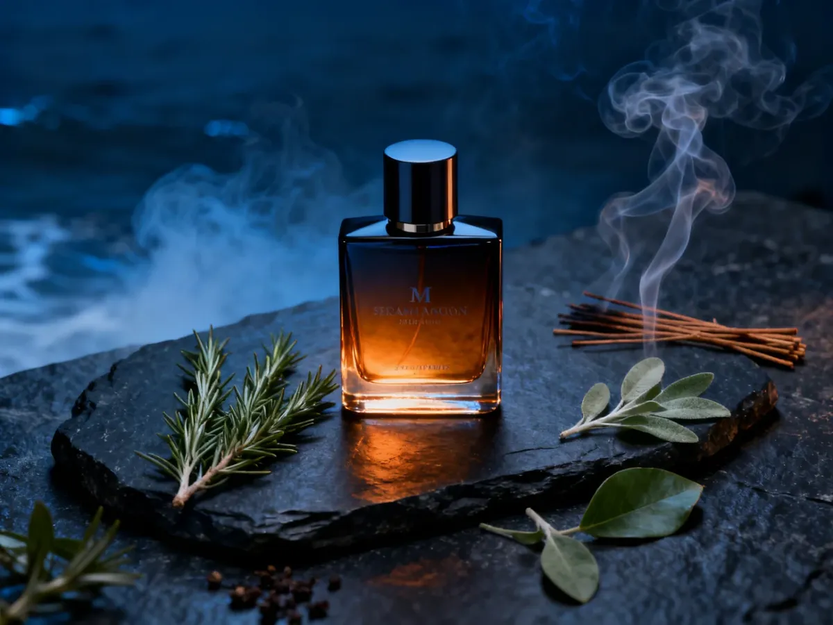 Elegancka butelka męskich perfum otoczona morską mgłą, ziołami i dymem kadzidła