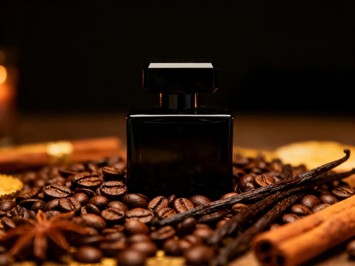 Ciemne perfumy otoczone ziarnami kawy i wanilią
