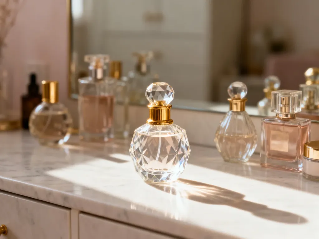Elegancka kolekcja flakonów perfum na marmurowej toaletce w jasnym, słonecznym wnętrzu.