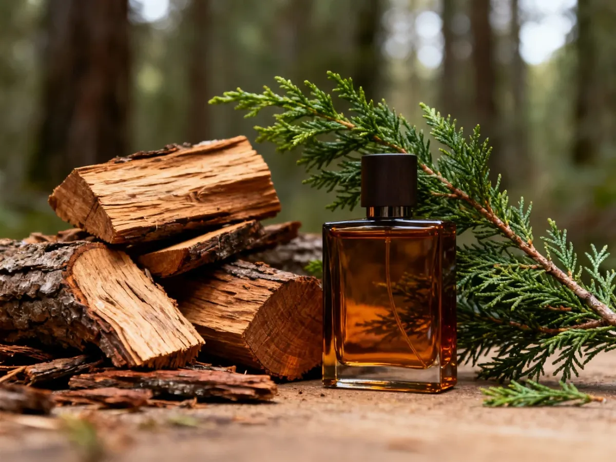Flakon męskich perfum z cedrem wśród kawałków drewna cedrowego i zielonych gałęzi
