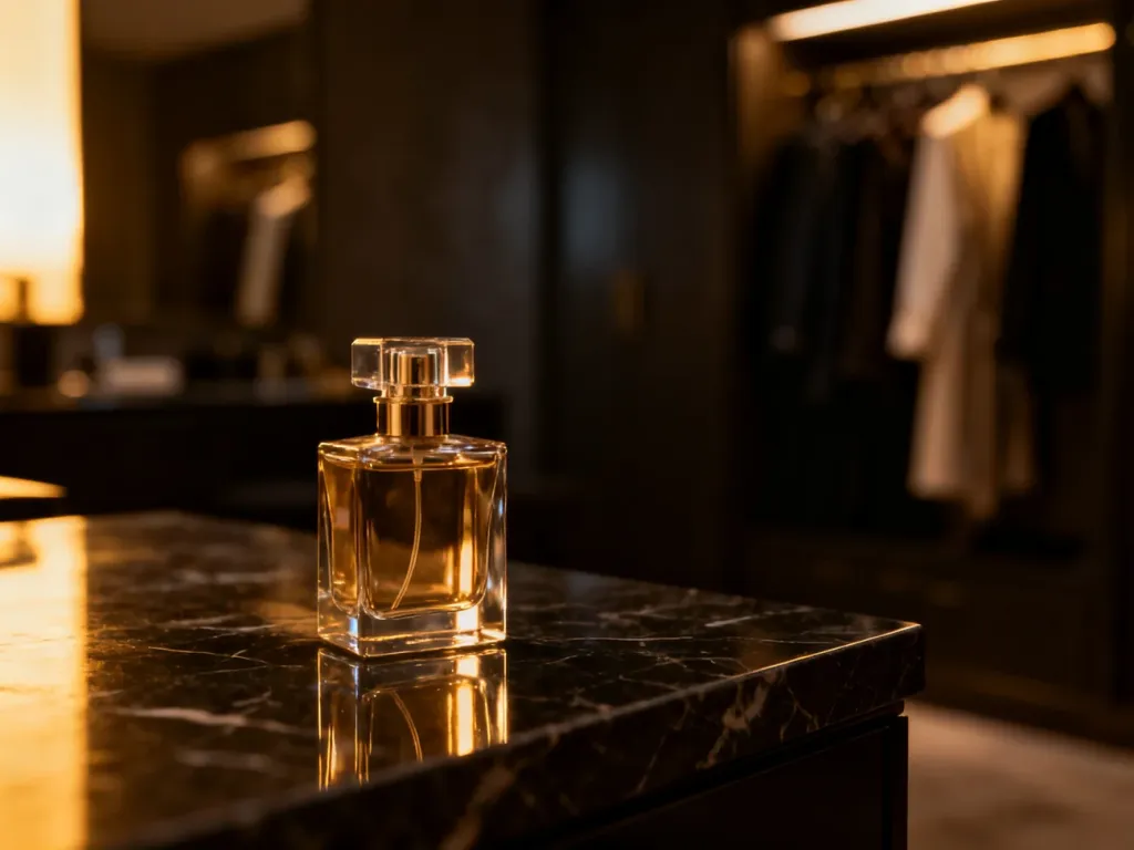 Elegancki flakon męskich perfum na marmurowym blacie w nastrojowym, luksusowym wnętrzu.