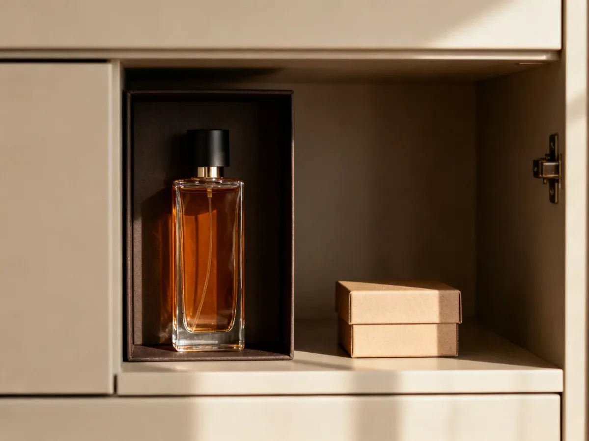 Perfume bottle stored in a dark cabinet