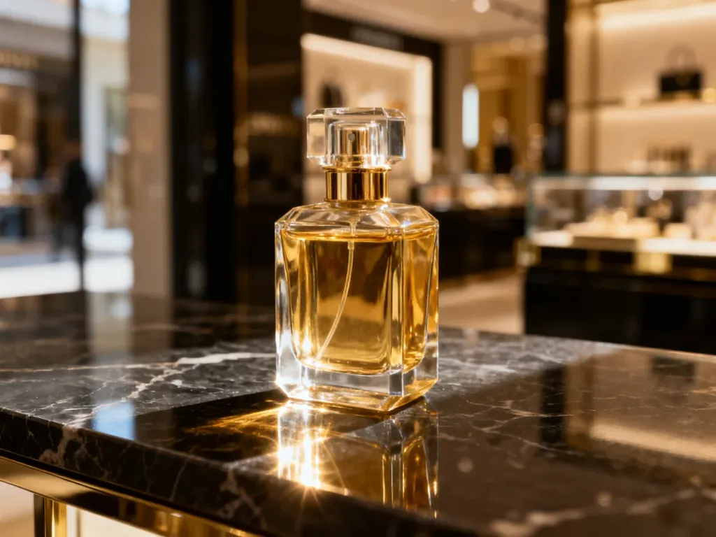 Luksusowy flakon męskich perfum na marmurowym blacie w eleganckim wnętrzu butiku.
