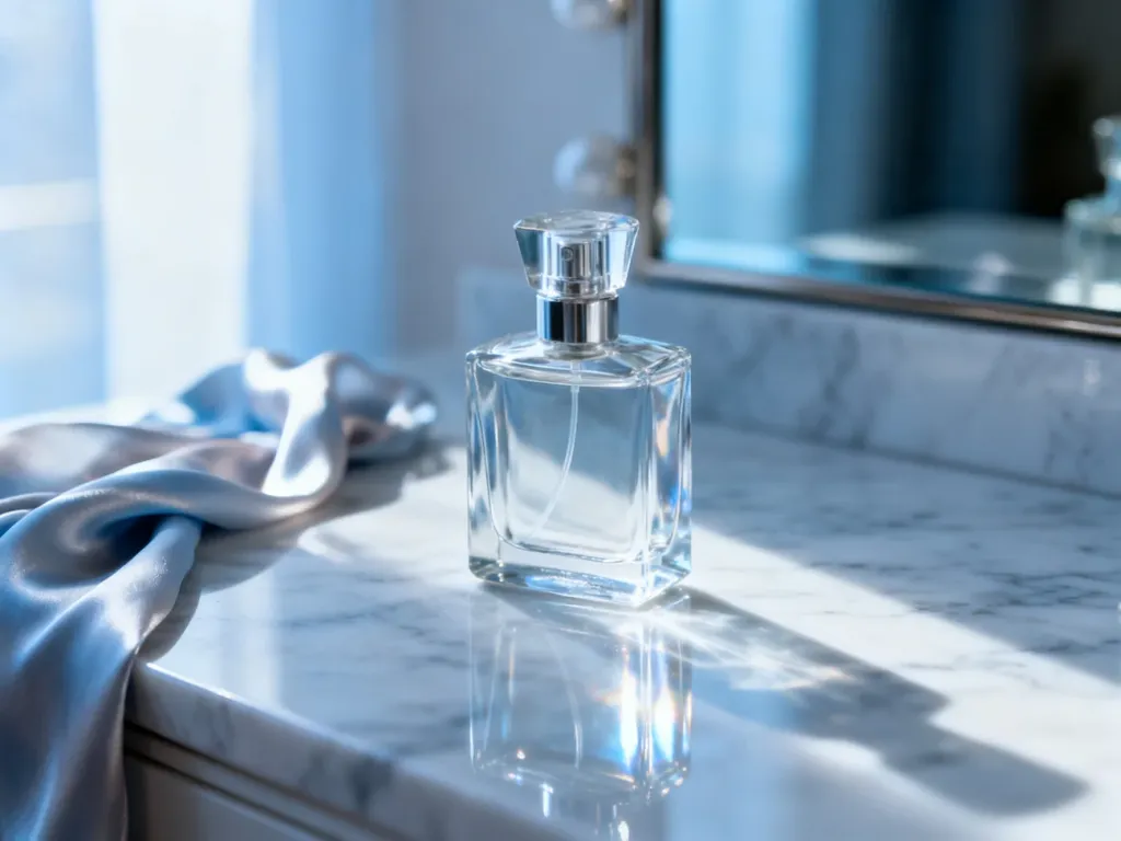 Elegancki, pusty flakon perfum na marmurowym blacie w świetle poranka, podkreślający estetykę pielęgnacji zapachowej.