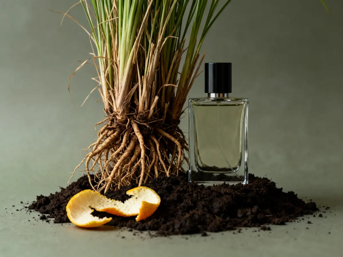 Korzenie wetiweru, suche trawy, cytrusy i flakon perfum w eleganckiej kompozycji