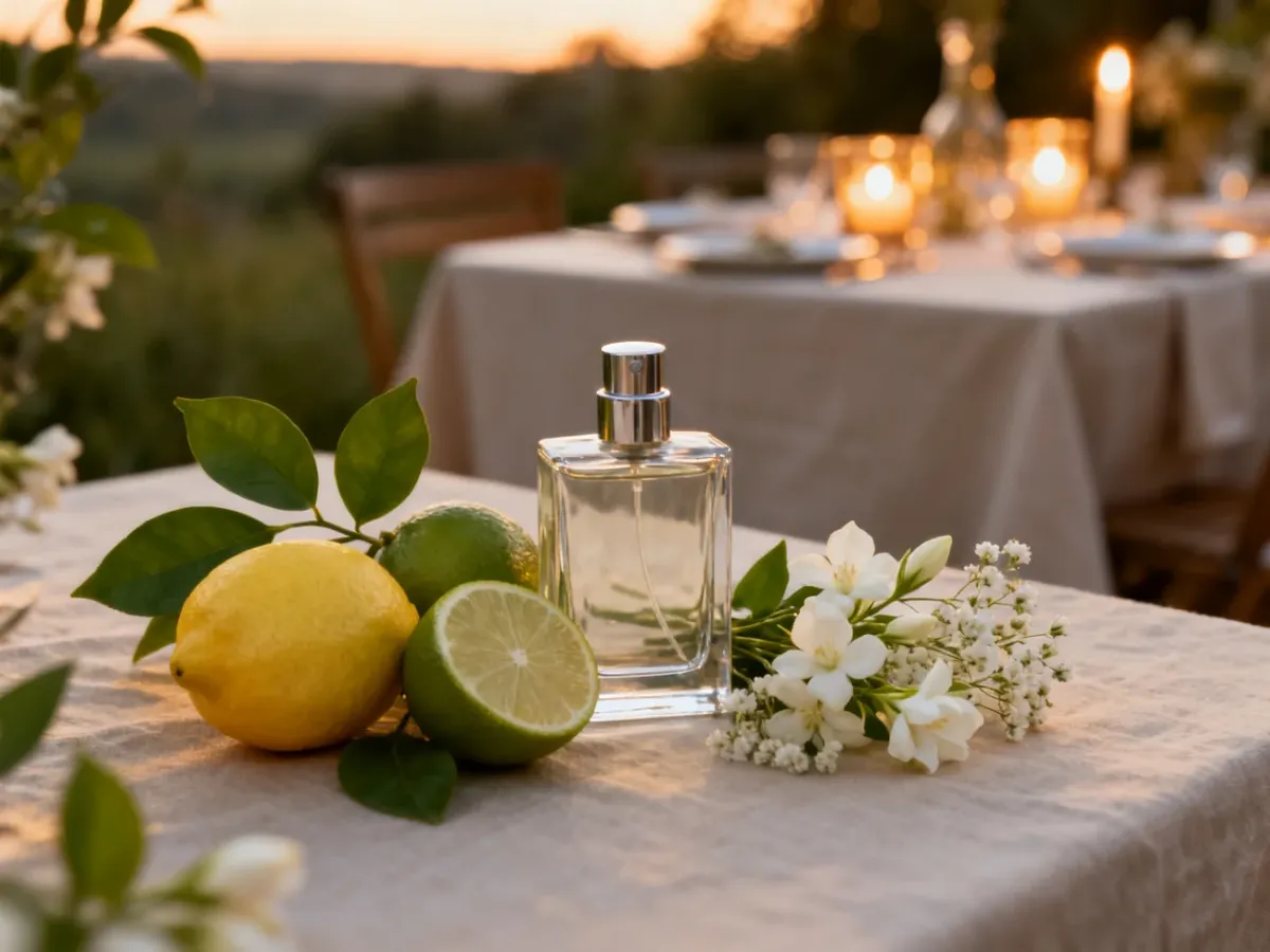 Flakon perfum otoczony cytrusami i kwiatami podczas letniej kolacji