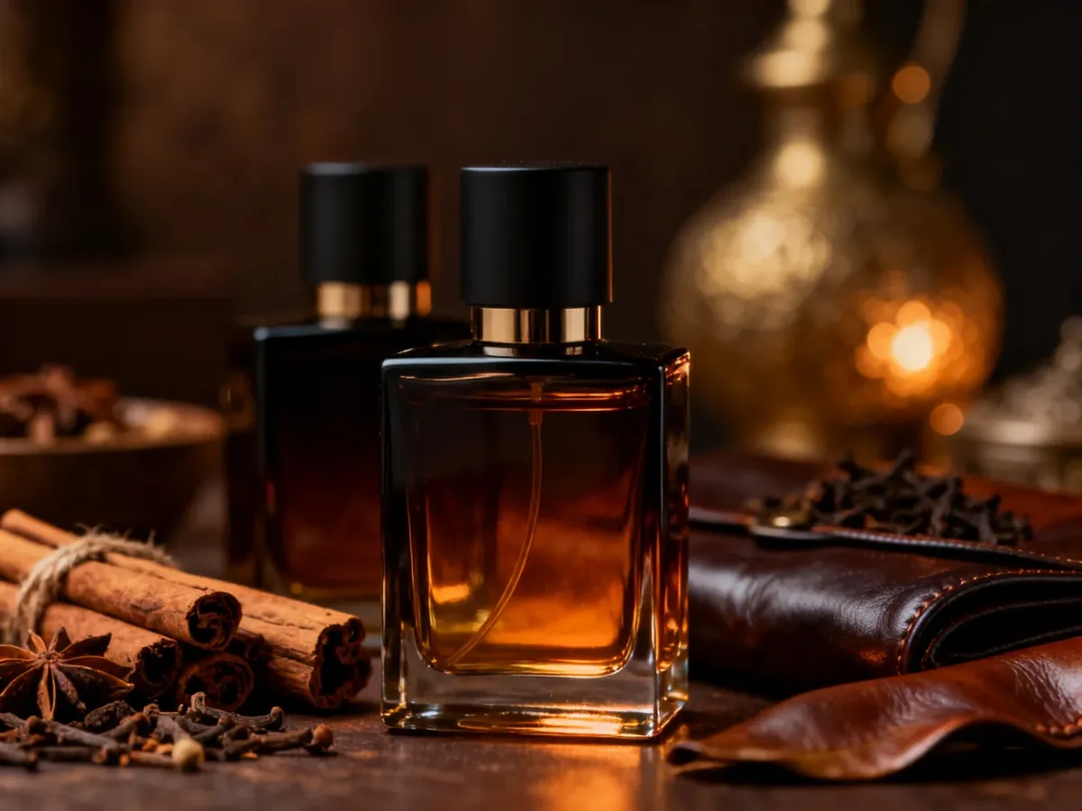 Eleganckie arabskie perfumy męskie otoczone nutami oudu, przypraw, skóry i tytoniu
