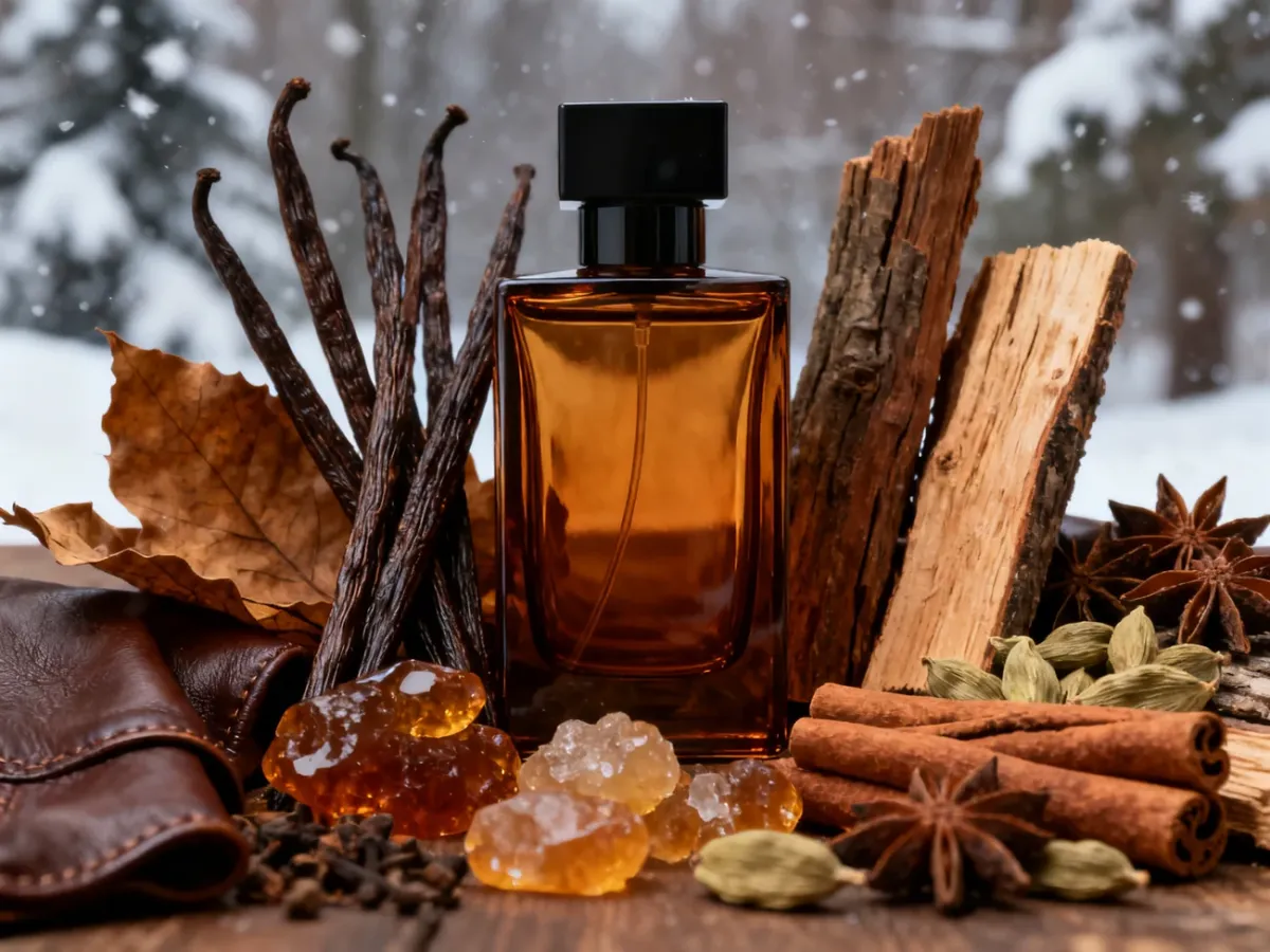 Składniki kojarzone z męskimi perfumami na zimę ułożone obok eleganckiego flakonu