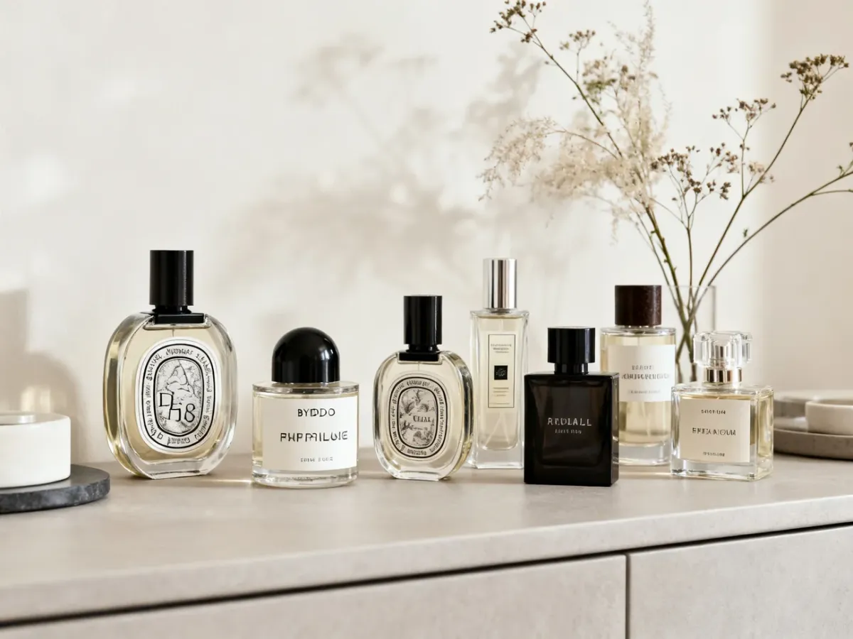 Elegancko ułożone flakony perfum niszowych na minimalistycznej toaletce