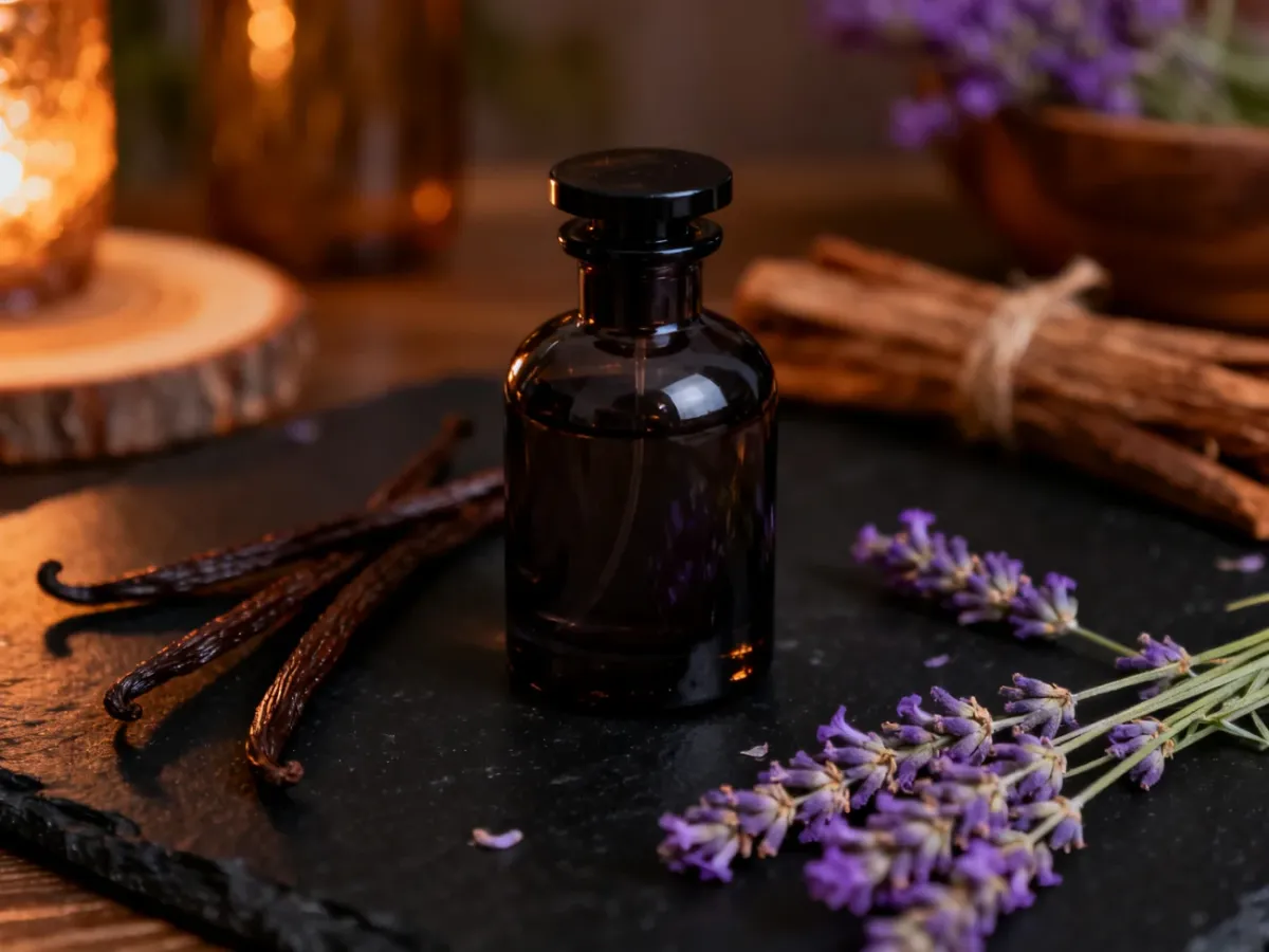 Wieczorna kompozycja perfum z wanilią, lawendą i nutami drzewnymi