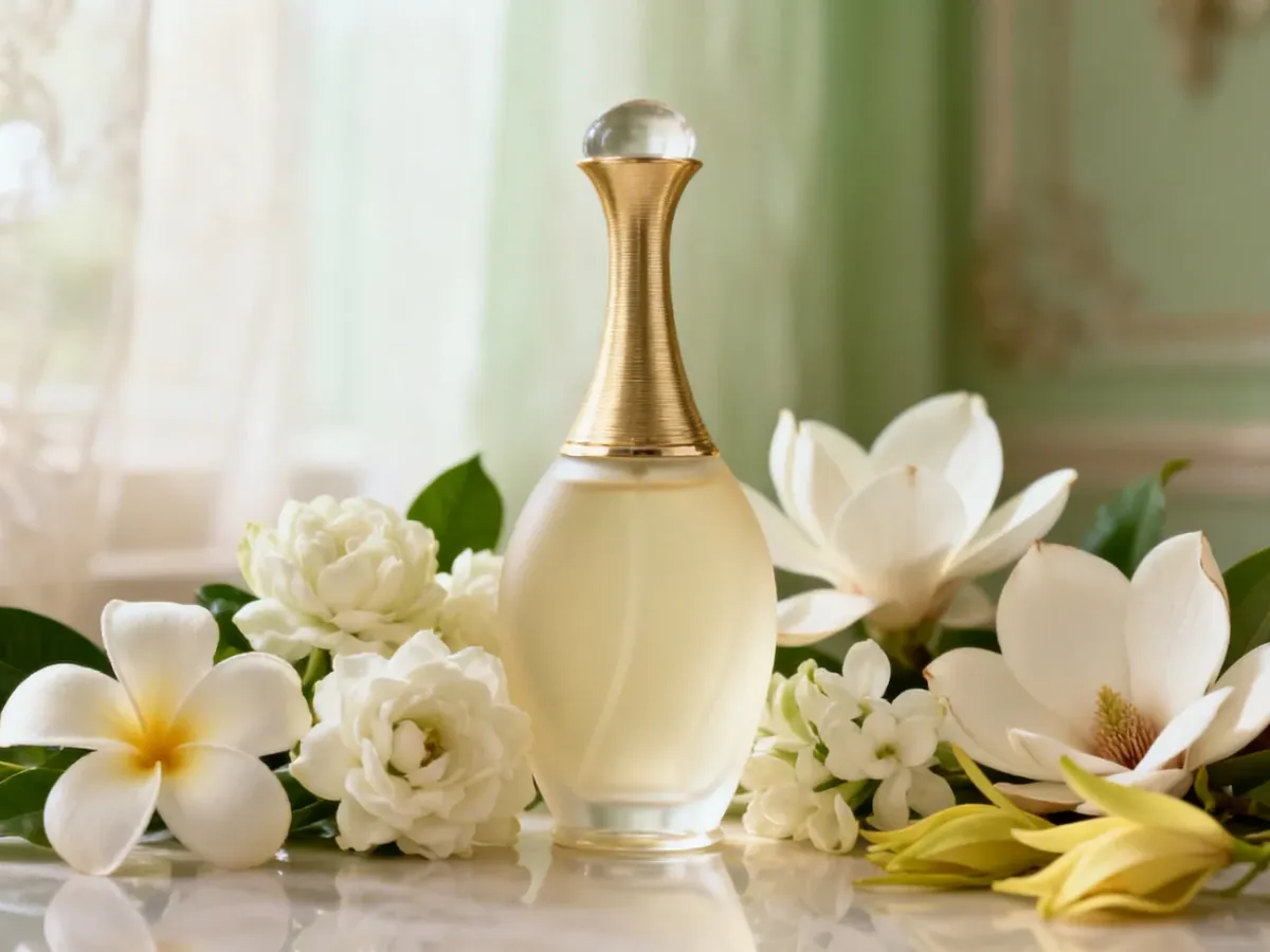 Flakon perfum otoczony klasycznymi białymi kwiatami