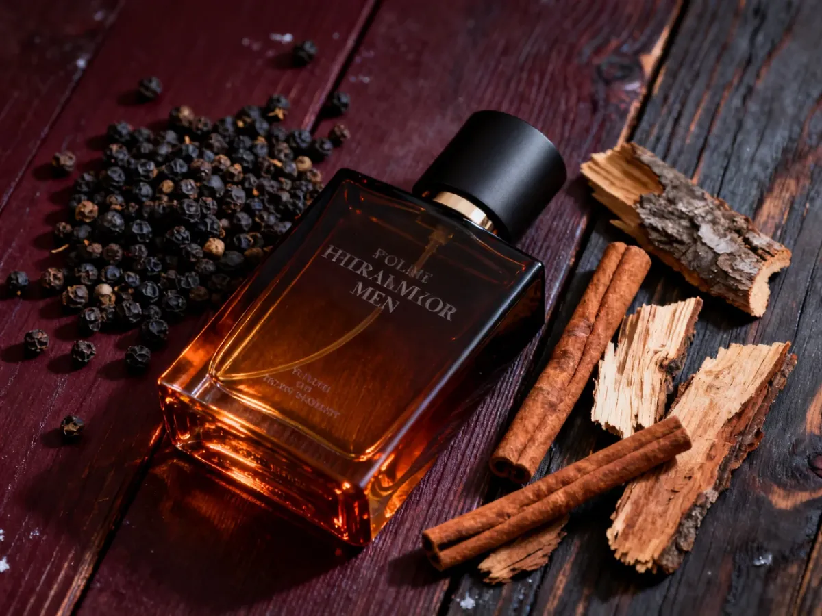 Intensywny flakon męskich perfum wśród przypraw i kawałków drewna