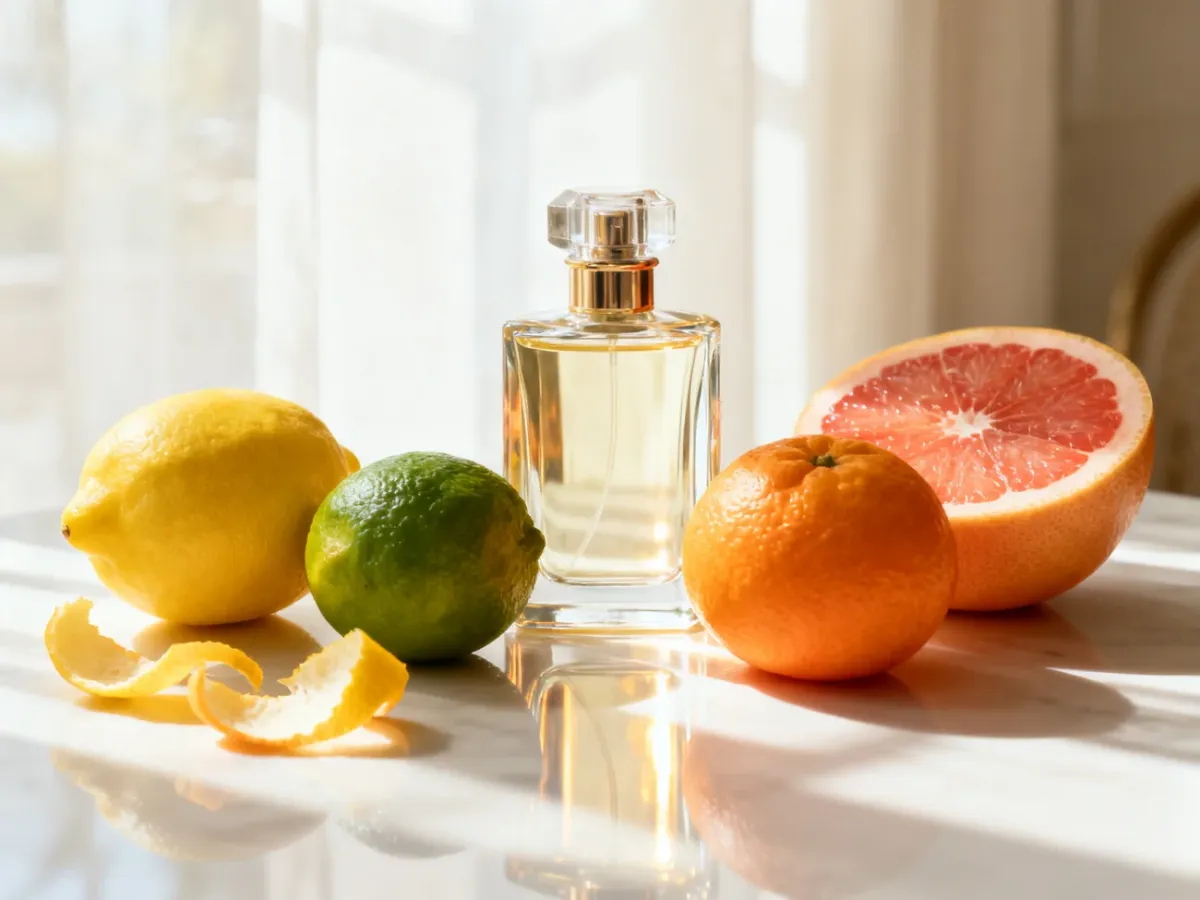 Elegancka kompozycja damskich perfum cytrusowych z owocami cytrusowymi
