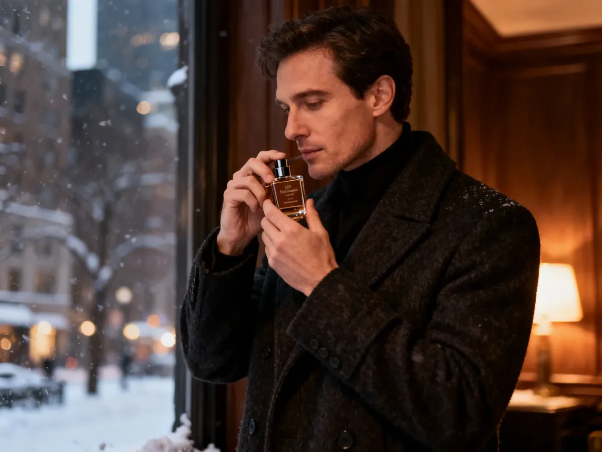 Mężczyzna aplikuje eleganckie perfumy przed zimowym wieczornym wyjściem