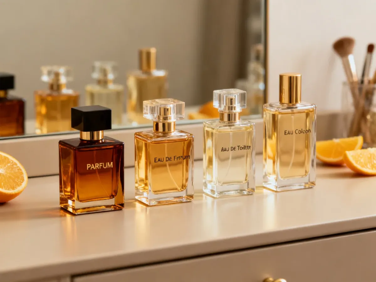 Cztery eleganckie flakony perfum symbolizujące różne stężenia zapachu