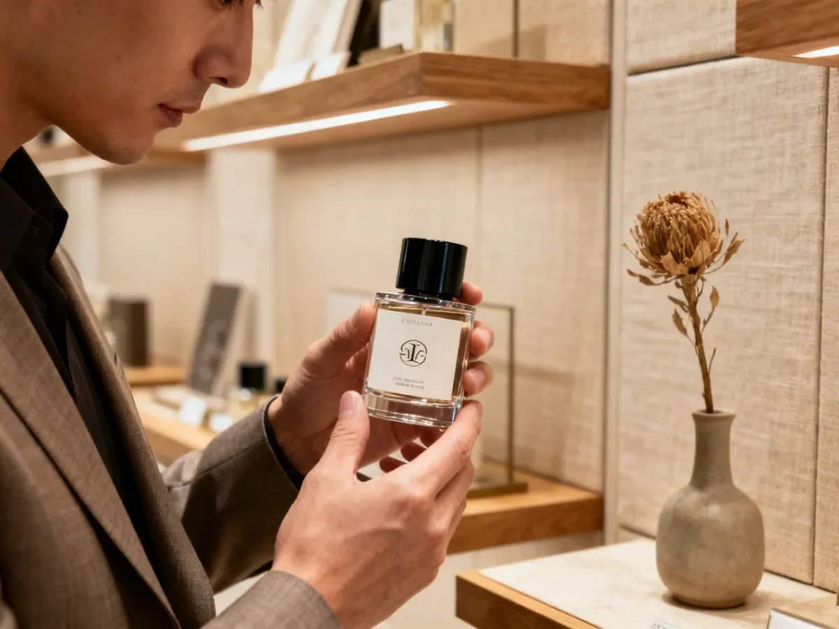 Miłośnik perfum oceniający flakon niszowego zapachu w eleganckiej perfumerii