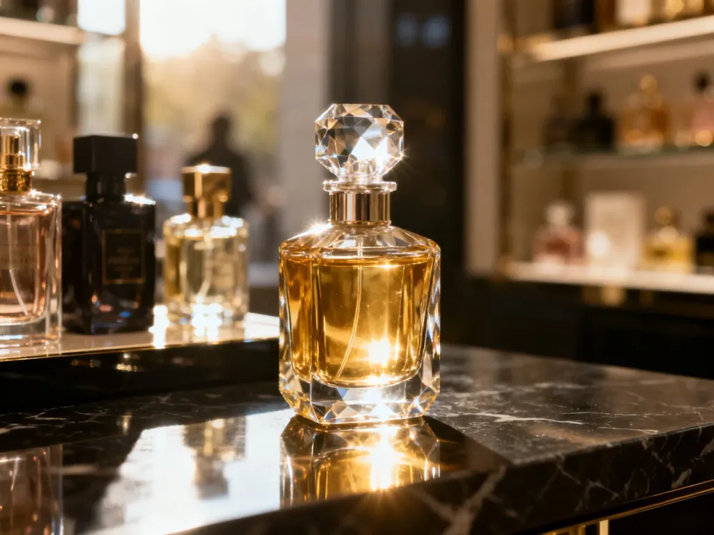 Eleganckie flakony perfum na marmurowym blacie, prezentujące luksusowe propozycje zapachowe w świetle poranka.