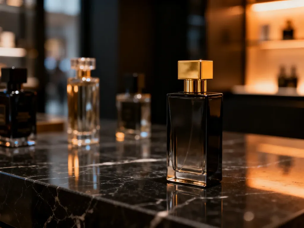 Eleganckie flakony męskich perfum na marmurowym blacie w klimatycznym wnętrzu butiku.