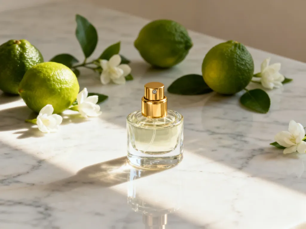 Elegancki flakon perfum na marmurowym blacie w otoczeniu świeżej bergamotki i kwiatów jaśminu.