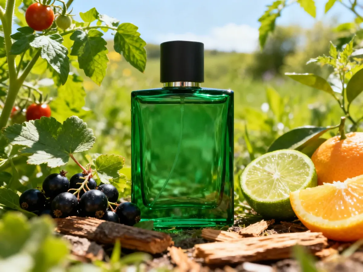 Zielony flakon perfum otoczony liśćmi pomidora i świeżymi składnikami
