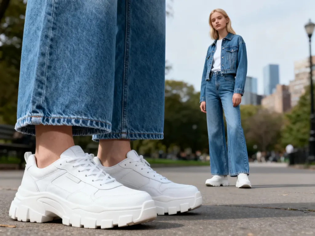 Młoda kobieta w szerokich jeansach i masywnych białych sneakersach, prezentująca modne połączenie obuwia z szerokimi spodniami.