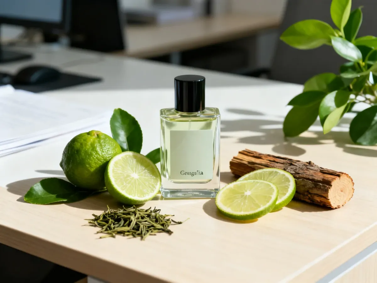 Minimalistyczny flakon perfum otoczony cytrusami, zieloną herbatą i lekkimi nutami drzewnymi