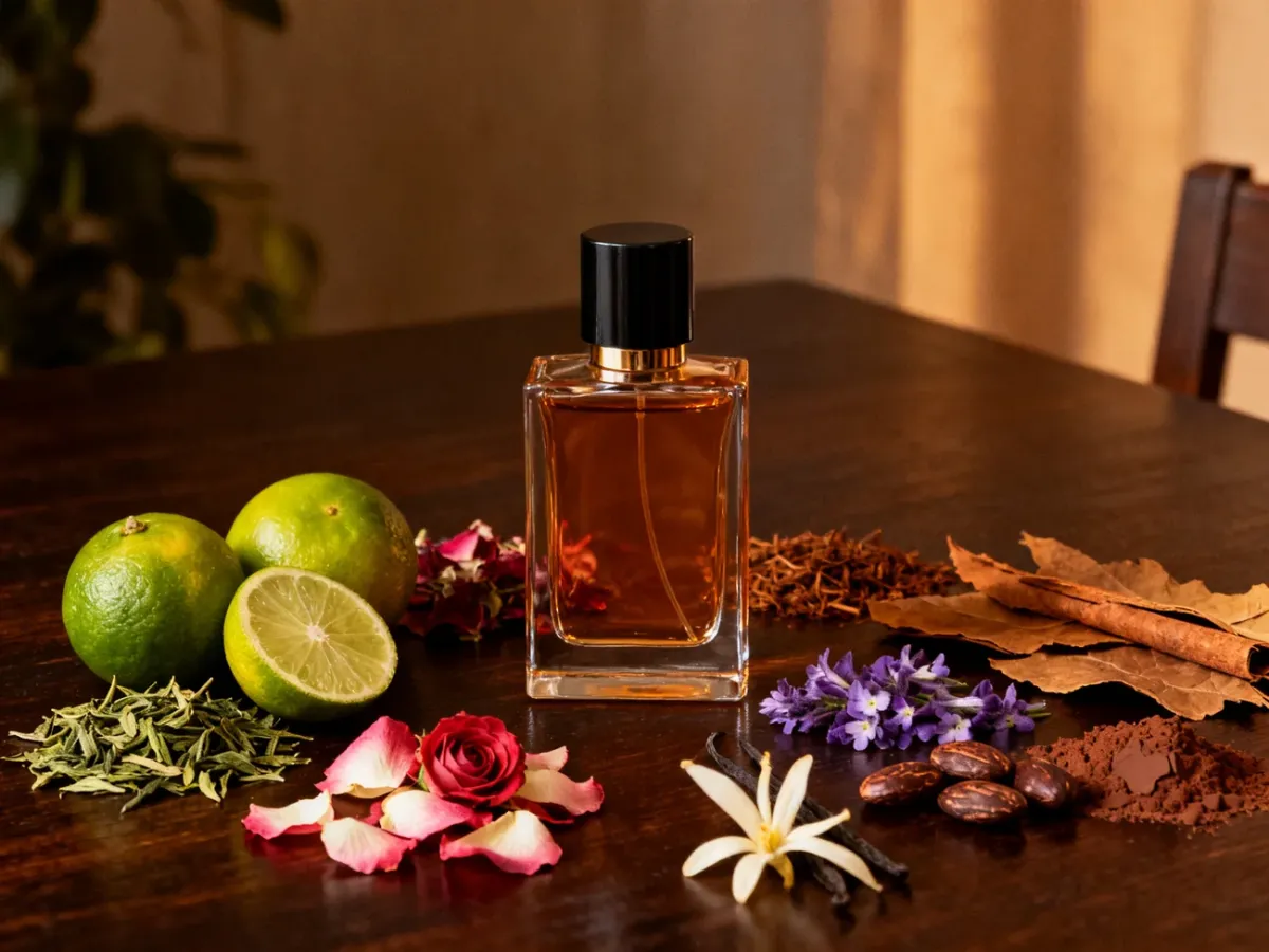 Flakon perfum unisex otoczony składnikami świeżych i ciepłych kompozycji
